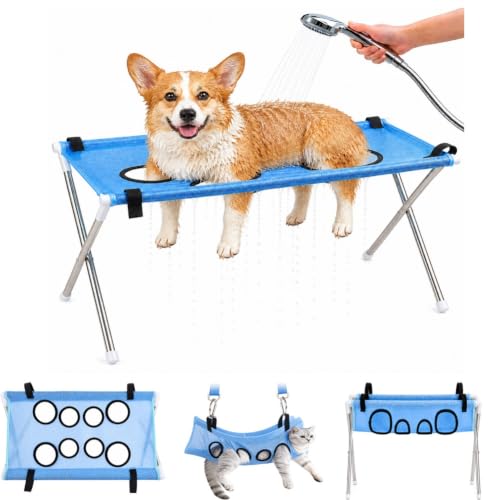 Dog Grooming Hammock Stand, Foldable Dog Bath Holder Sling Shower Chair | Heavy-Duty Pet Bath Stool for Small & Medium Dogs, Home Salon Grooming, Washable Mesh, Joint Support & Restraint(Blue,Base)