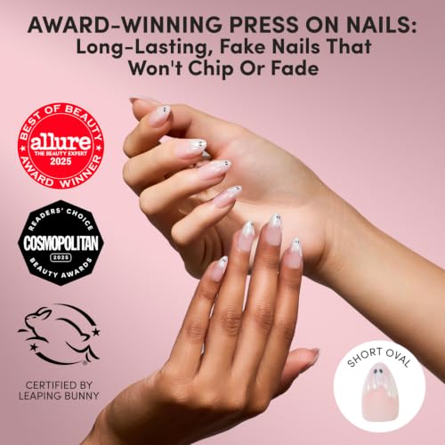Glamnetic Press On Nails - Short Almond, Glossy Fake Nails 30 Pc Full Kit | Halloween cute ghostly press on nails. Full kit glue-on set. Waterproof, chip-resistant. Up to 2 weeks. 15 sizes, 30 nails