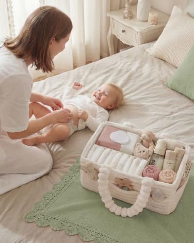 Blissful Diary Flannel Diaper Caddy Organizer & Gift Packaging, Cream Beige | Portable Diaper Basket, Nursery Storage Basket, Gift to Baby Shower, Newborn Boy & Girl Essential, Registry Search Must Haves