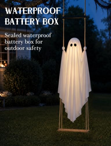 Halloween Decorations Outdoor 3.7FT Pre-Assembled Hanging Swing Ghost | ready-to-hang ghost,remote waterproof lights,stable&adjustable,sturdy–ideal for porches, trees, yards & entryways