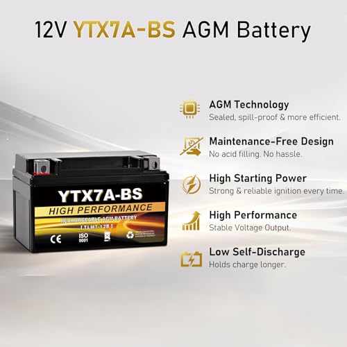 YTX7A-BS 12V 6Ah AGM Sealed Motorcycle Battery, Maintenance-Free, Compatible with GY6 50CC 125CC Scooters & Mopeds