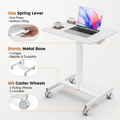 Sweetcrispy Mobile Rolling Desk, Small Standing Desk with Wheels | Adjustable Height Sit Stand Table, Portable Computer Workstations for Home Office, White