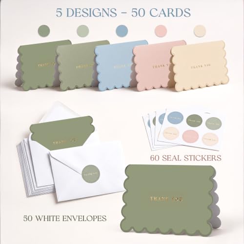 AUDREE Thank You Cards with Envelopes, Scalloped Gold Foil 50 Pack 3.5x5 | Elegant Greeting Notes with Matching Adhesive Envelopes - Perfect for Wedding, Bridal & Baby Showers, All Occasion