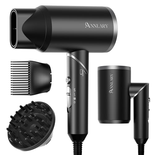 ANNLARY Hair Dryer with Comb, ANNLARY 1800W Blow Dryer with Diffuser for Curly Hair, Plasma Ionic Hair Dryer for Frizz Control, Foldable Portable Low Noise Hairdryer, 6.5 ft ALCI Cord