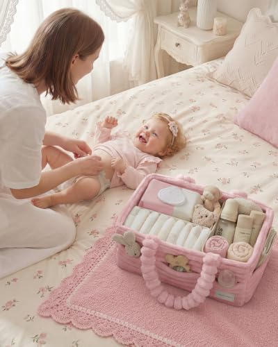 Blissful Diary Flannel Diaper Caddy Organizer with Gift Packaging, Portable Nursery Storage Basket, Gift for Baby Shower, Newborn Boys & Girls Essentials, Registry Search Must Haves, Blush Pink
