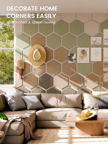 Fluxynara 12-Pack Hexagon Felt Bulletin Board Tiles, Linen Dusk-1 | Cork Board Alternative with 60 Adhesive Tabs for Notes, Photos and Reminders in Home Offices, Dorm and Classrooms
