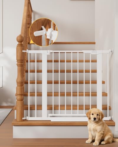 InnoTruth 27-36.6 in Wide Baby Gate for Stairs and Doorways, White | Indoor Metal Dog Gate for Pets, Auto Close 2 Way Swing Walk Through Door, Double Lock & Y-Bolts, Pressure or Hardware Mount