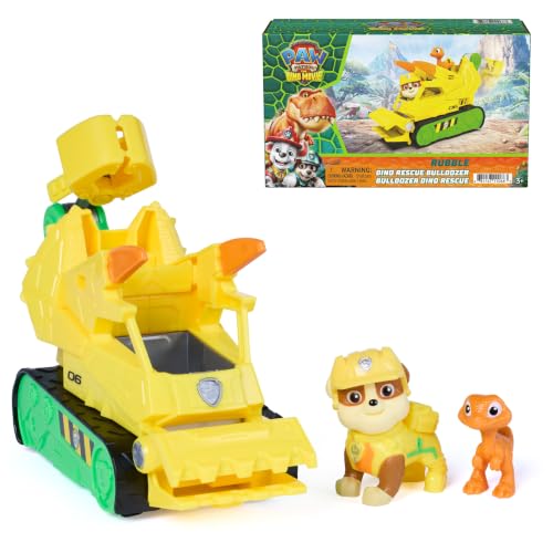 PAW Patrol The Dino Movie Rubble Dino Rescue Bulldozer Toy Truck | 7-Inch Toy Construction Vehicle, Chomping Front Scoop, Articulated Back Claw, Rubble & Dinosaur Figures, Kids Toys Ages 3+