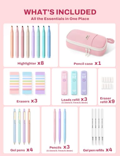 SUNEE Pencil Case with Supplies, 35PCS Aesthetic Stationery Set with Pastel Highlighters, Black Gel Pens, Mechanical Pencils & Refills, Cute School Supplies for Teachers Girls College Pink