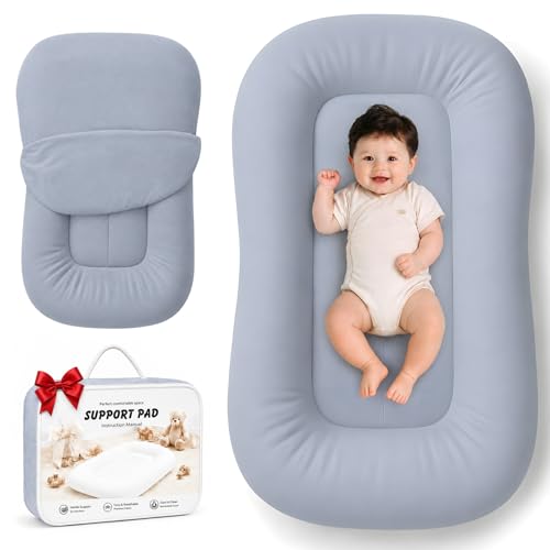 Baby Lounger for Newborns 0-24 Months - Baby Essentials | Soft Breathable Cotton Infant Support Cushion for Tummy Time & Play, Portable Infant Lounger - Navy Blue (Cover Included)