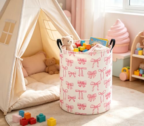 Girls Laundry Hamper Basket, Pink Bowknots | For Nursery Girls, Kids Toys Storage Bin Organizer, Boho Room Decor, Cute Design
