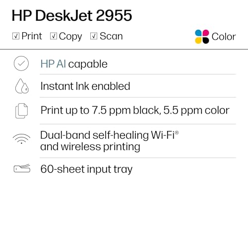 HP DeskJet 2955 Wireless All-in-One Color Inkjet Printer, Scanner, Copier, Best-for-Home, 3 Month Trial of Instant Ink Included, AI-Capable (A24HJA)