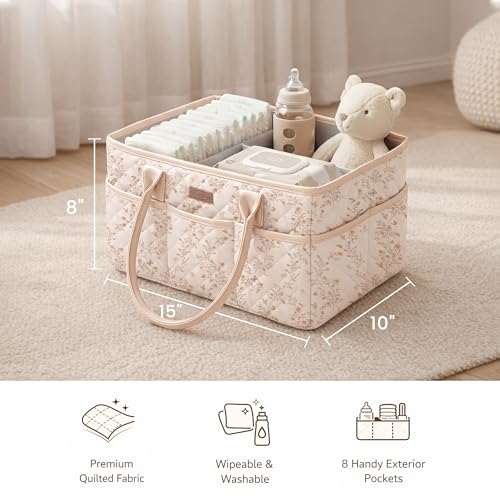Konssy Baby Diaper Caddy Organizer, Floral Design with PU Leather Handles | Quilted, Water-Repellent, Diaper Caddy Basket with Removable Dividers, Baby Registry Must Have, Newborn Essentials (Floral)