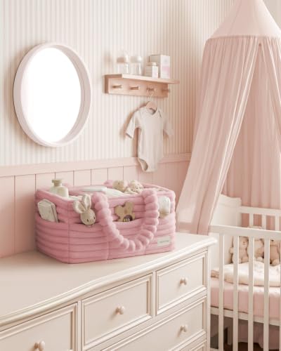 Blissful Diary Flannel Diaper Caddy Organizer with Gift Packaging, Portable Nursery Storage Basket, Gift for Baby Shower, Newborn Boys & Girls Essentials, Registry Search Must Haves, Blush Pink