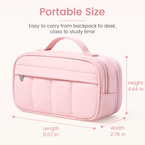 Sooez Pencil Case for Girls, Cute Large Capacity Pencil Pouch Pen Bag, Pink | Puffer Feel, Multi-Compartment Pencil Box Stationery Organizer with Zipper, Portable Back to School Supplies