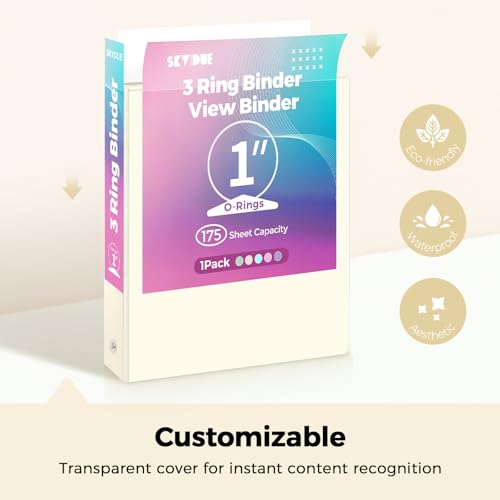 SKYDUE 1 Inch 3 Ring Binder with 8 Tab Dividers & 24 Labels, Pastel Binder Organizer for Letter Size Paper, Aesthetic School Binder for Notes, Documents, Office & Home Organization, Pearl White