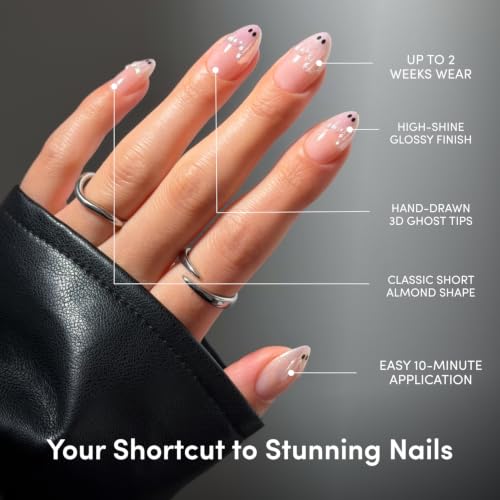 Glamnetic Press On Nails - Short Almond, Glossy Fake Nails 30 Pc Full Kit | Halloween cute ghostly press on nails. Full kit glue-on set. Waterproof, chip-resistant. Up to 2 weeks. 15 sizes, 30 nails