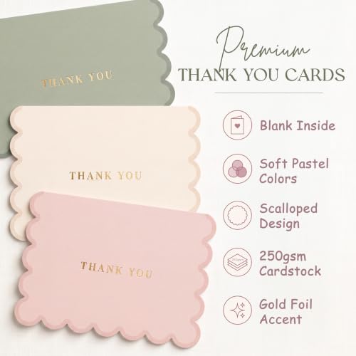 AUDREE Thank You Cards with Envelopes, Scalloped Gold Foil 50 Pack 3.5x5 | Elegant Greeting Notes with Matching Adhesive Envelopes - Perfect for Wedding, Bridal & Baby Showers, All Occasion
