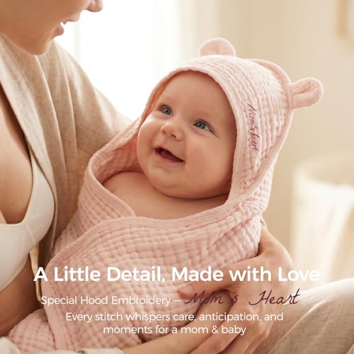 Momcozy 6-Layer Muslin Cotton Baby Towels with Hood, 32x32 Inch, Pink | 6-Layer 100% Cotton Muslin Hooded Baby Towel Set for Newborn, Infant & Toddler, Soft Absorbent Baby Bath Essentials