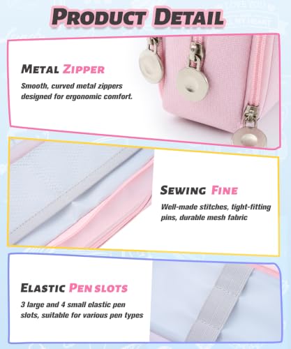 FAHZON Cute Pencil Case, 3 Large Compartments Pencil Pouch, Elastic Pen Slots&Mesh Pockets for Stationery, Pencil Bag for School Supplies with Zipper for Girls Boy Women Teens Adults-Pink