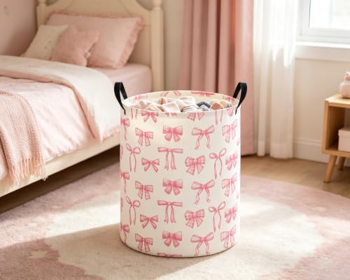 Girls Laundry Hamper Basket, Pink Bowknots | For Nursery Girls, Kids Toys Storage Bin Organizer, Boho Room Decor, Cute Design