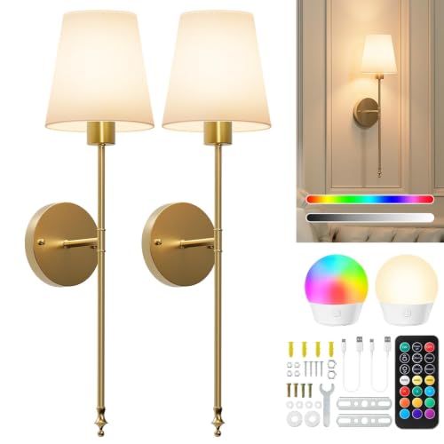 Brightown Battery Operated Wall Sconces Set of Two,Gold Sconces Wall Decor | RGBWW Rechargeable Wall Lights with Dimmable Magnetic Bulbs & Remote, Wireless Wall Lamp for Living Room Bedroom Hallway