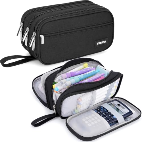 Pencil Case Large Capacity, 3 Compartment Black Big Pen Pouch with Zipper | Durable Stationery Organizer, Portable Marker Pen Bag for Teens, College and High School Students, Adults and Teachers