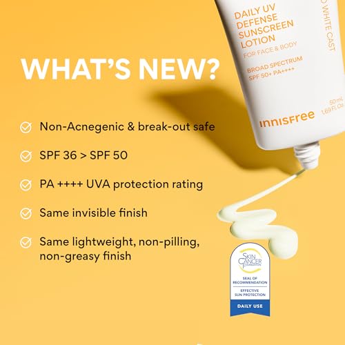 innisfree Daily UV Defense Sunscreen SPF 50+ PA++++, Korean Face Sunscreen, Invisible Finish, Broad Spectrum, No White Cast, Lightweight, Hydrating, Available in Gift Sets & Jumbo