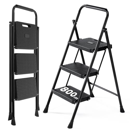 OLIXIS 3 Step Ladder, 800lbs Foldable Step Stool with Anti-Slip Pedal