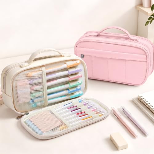 Sooez Pencil Case for Girls, Cute Large Capacity Pencil Pouch Pen Bag, Pink | Puffer Feel, Multi-Compartment Pencil Box Stationery Organizer with Zipper, Portable Back to School Supplies
