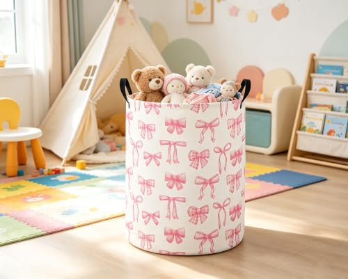 Girls Laundry Hamper Basket, Pink Bowknots | For Nursery Girls, Kids Toys Storage Bin Organizer, Boho Room Decor, Cute Design