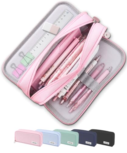 FAHZON Cute Pencil Case, 3 Large Compartments Pencil Pouch, Elastic Pen Slots&Mesh Pockets for Stationery, Pencil Bag for School Supplies with Zipper for Girls Boy Women Teens Adults-Pink