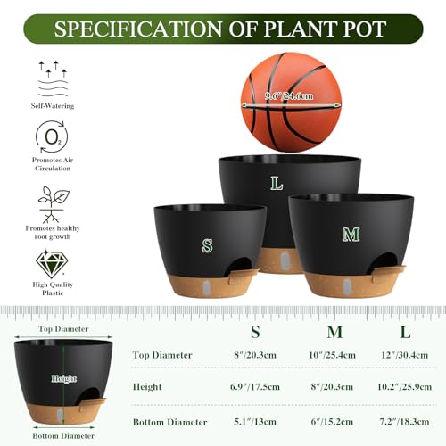 Self Watering Pots with Drainage Holes, 3 Pack 12/10/8 Inch Plant Pots with Water Level Indicator Deep Reservoir, Large Plastic Planter for Indoor Outdoor Plants - Black Brown