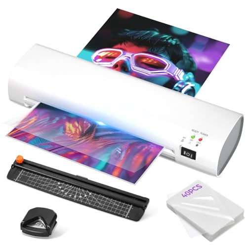 9 Inch Portable Laminator Machine with 40 Laminating Sheets and Trimmer | A4 Cold & Thermal Laminator, Laminating Machine with ABS Jam-Release for Home, Office, School, Business white