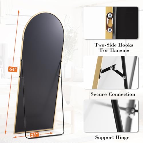 DUMOS 64"x21" Arched Full Length Floor Mirror, Full Body Mirror, Gold | Shatterproof Tempered Glass, Modern Aluminum Alloy Frame, Free Standing or Leaning for Home Decor