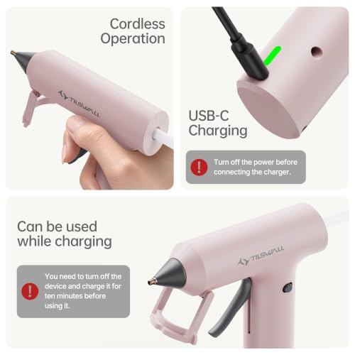 Tilswall Cordless Hot Glue Gun, W106s, Fast Preheating with 2Ah Battery | 90s Fast Preheating, Glue Gun and Sticks Set (7×140mm), Compact Size Ideal for School Crafts, DIY Making, Repairs W106s Pink