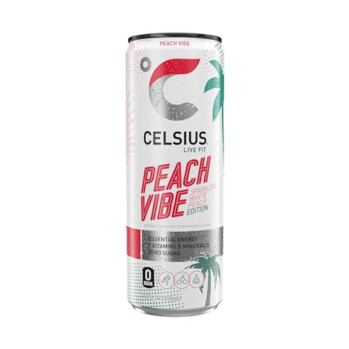 CELSIUS PEACH VIBE Sparkling White Peach, Sugar Free Energy Drink, 12 Fl Oz (Pack of 12)