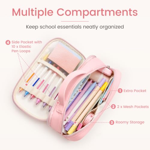 Sooez Pencil Case for Girls, Cute Large Capacity Pencil Pouch Pen Bag, Pink | Puffer Feel, Multi-Compartment Pencil Box Stationery Organizer with Zipper, Portable Back to School Supplies