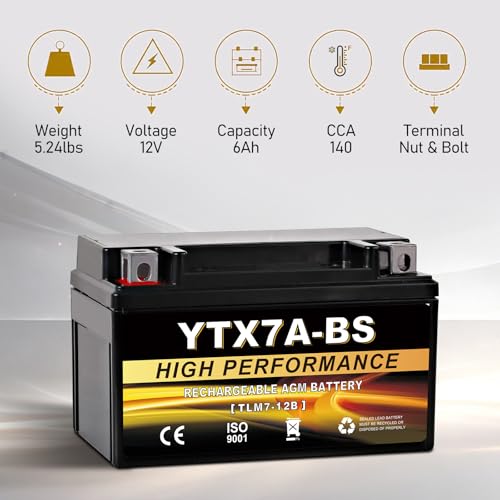 YTX7A-BS 12V 6Ah AGM Sealed Motorcycle Battery, Maintenance-Free, Compatible with GY6 50CC 125CC Scooters & Mopeds