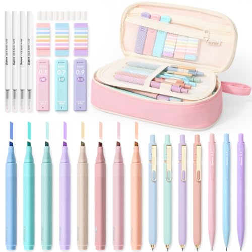 SUNEE Pencil Case with Supplies, 35PCS Aesthetic Stationery Set with Pastel Highlighters, Black Gel Pens, Mechanical Pencils & Refills, Cute School Supplies for Teachers Girls College Pink