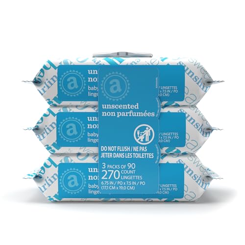 Amazon Elements Baby Wipes, Unscented, Hypoallergenic, Alcohol-Free, With Aloe and Vitamin E, 270 Count, Flip-Top Packs