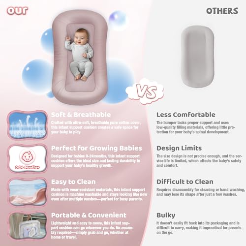 Infant Support Cushion - Organic Soft Cotton Baby Support Cushion for Newborn 0-24 Months, Breathable Portable Pad for Home and Travel, Washable Cover Included, Ideal Baby Essentials Gift, Rose Petal
