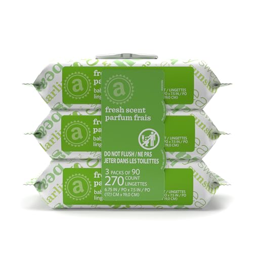 Amazon Elements Baby Wipes, Fresh Scent, Flip-Top Packs, Alcohol-Free, With Cucumber and Aloe, 270 Count, 3 Packs of 90