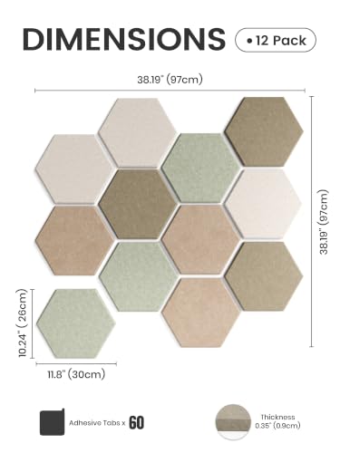 Fluxynara 12-Pack Hexagon Felt Bulletin Board Tiles, Linen Dusk-1 | Cork Board Alternative with 60 Adhesive Tabs for Notes, Photos and Reminders in Home Offices, Dorm and Classrooms