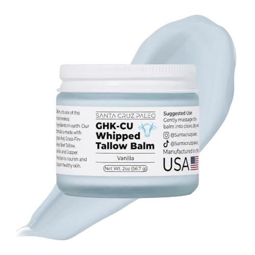 Santa Cruz Paleo GHK-Cu Whipped Tallow Balm + Copper Peptide, Vanilla, 2 Oz | Grass Fed Beef Tallow Moisturizer, Jojoba Oil, Vitamin E Skin Cream, Body Butter, Face Cream, Dry Skin Care, Body Lotion
