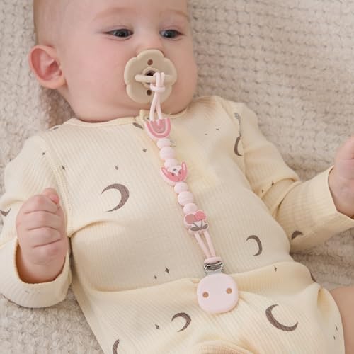 Moonkie Silicone Pacifier Clips for Baby – Durable One-Piece Binky Holder, Mixed Styles Paci Clips, Baby Essentials for Newborn Boys & Girls - 4 Pack (Sunset Shore)