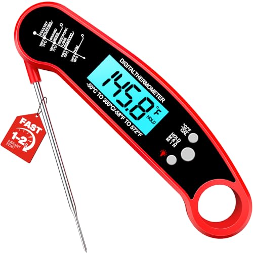 Meat Thermometer Digital, 1-2 Sec Instant Read, Food, Cooking, Grill | Bright Backlit Display, Waterproof for Air Fryer, Smoker, Candy, Kitchen Gadgets, BBQ Essentials, Gift for Men Husband, Red