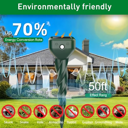 Mole Repellent Solar Powered, 4 Pack Snake & Skunk Repellent for Yard, IP 65 Waterproof Ultrasonic Deterrent Stakes, Get Rid of Rabbit, Gopher, Vole, Chipmunk, Deer, Groundhog for Lawns Garden