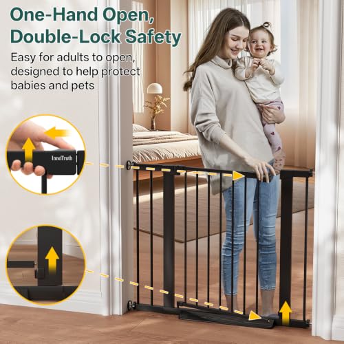 InnoTruth 27-36.6 in Wide Baby Gate for Stairs and Doorways, Black | Indoor Metal Dog Gate for Pets, Auto Close 2 Way Swing Walk Through Door, Double Lock & Y-Bolts, Pressure or Hardware Mount