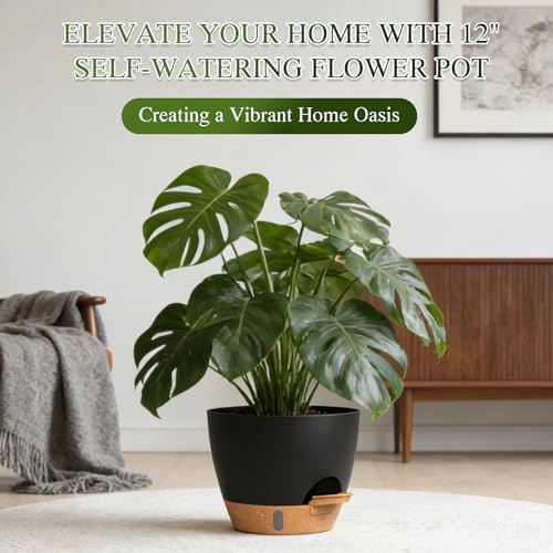 Self Watering Pots with Drainage Holes, 3 Pack 12/10/8 Inch Plant Pots with Water Level Indicator Deep Reservoir, Large Plastic Planter for Indoor Outdoor Plants - Black Brown